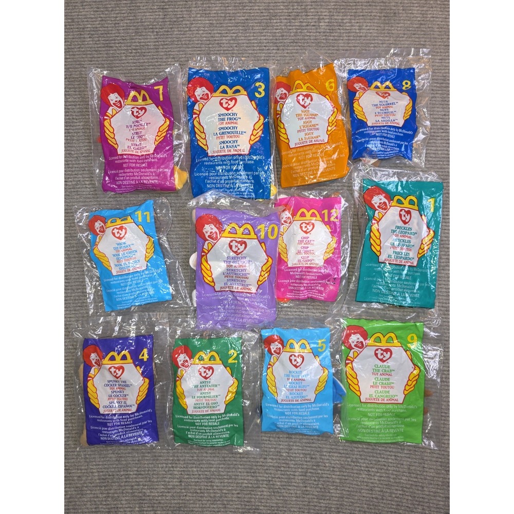 Ty McDonalds Beanie Babies 1999 Lot Of 12 Cat Frog Husky Ostrich Crab Blue Jay